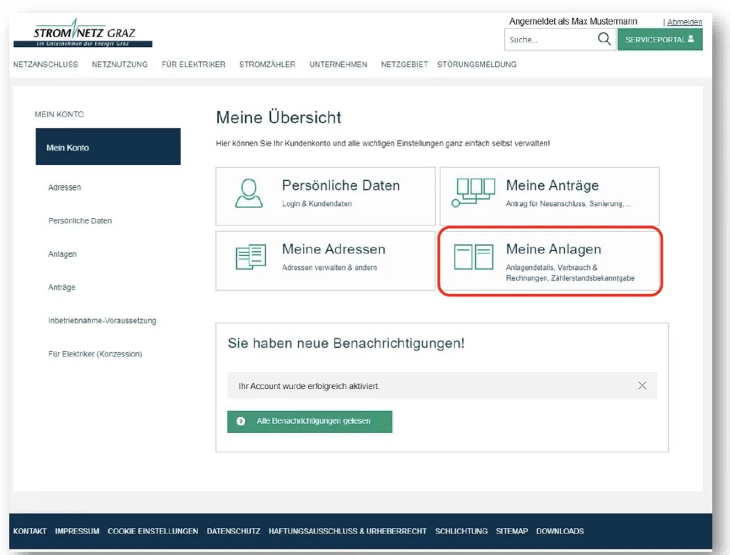 Dashboard Serviceportal Stromnetz Graz