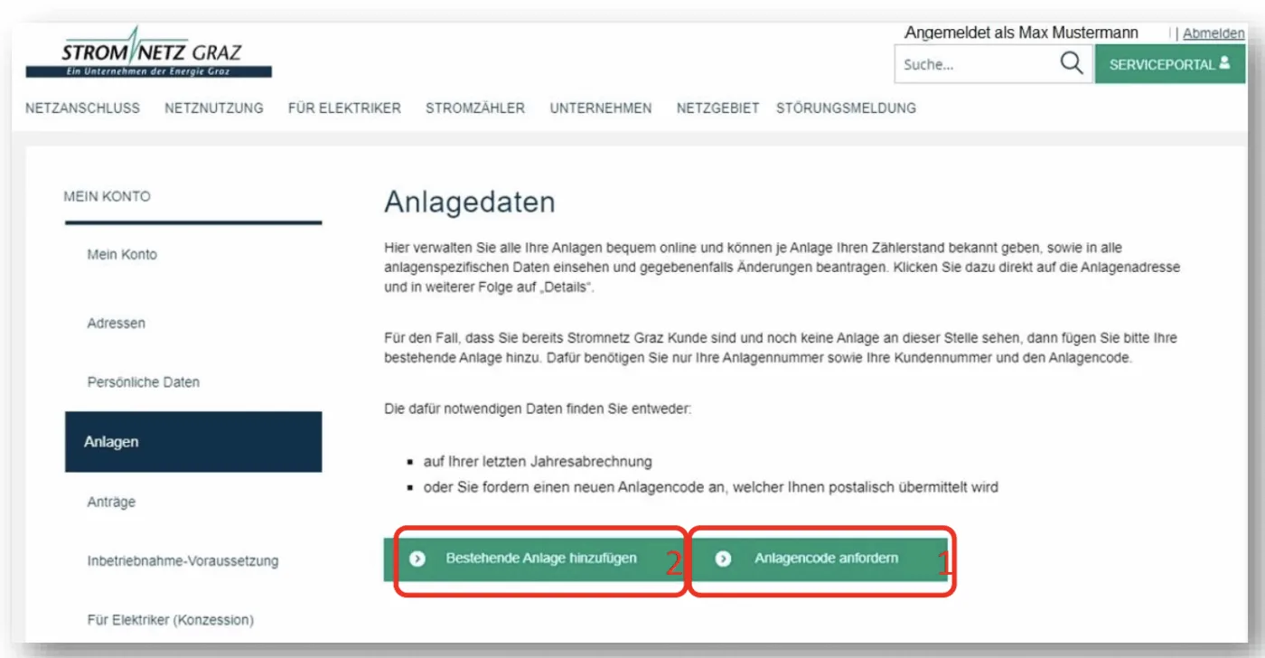 Anlagedaten im Serviceportal der Stromnetze Graz