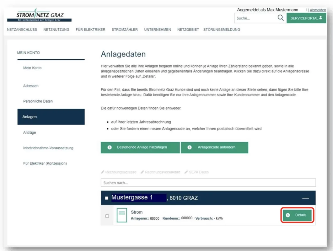 Bestehende Anlagen im Serviceportal der Stromnetze Graz
