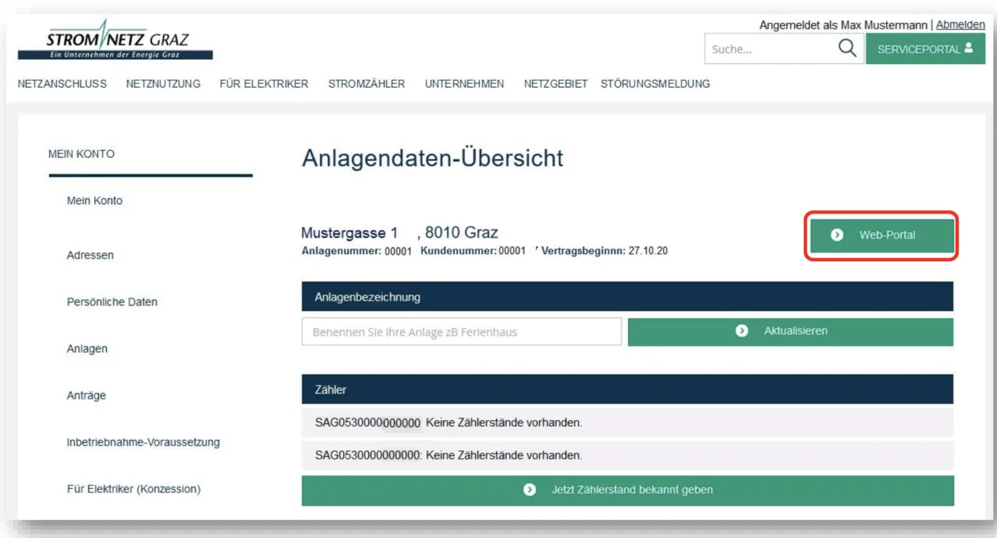 Anlagendaten-Übersicht im Serviceportal der Stromnetze Graz