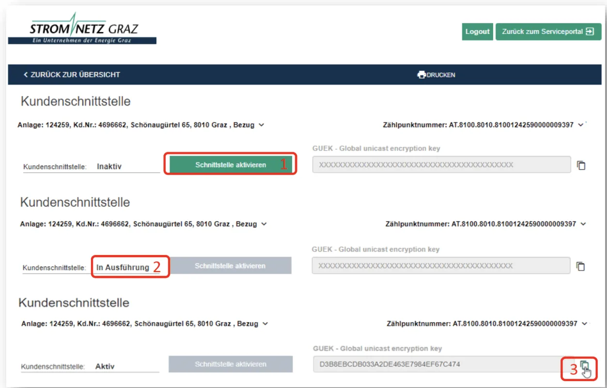 Kundeschnittstelle aktivieren im Serviceportal Stromnetz Graz