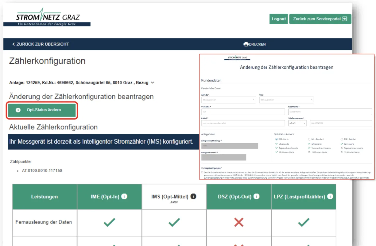 Zählerkonfiguration im Serviceportal der Stromnetz Graz